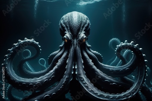 A huge octopus, a fantastic kraken in the black water of the ocean.