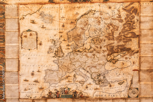 Authentic antique map shows the Europe known to Europeans in the mid 17-th Century. Exploration, geography, vintage background