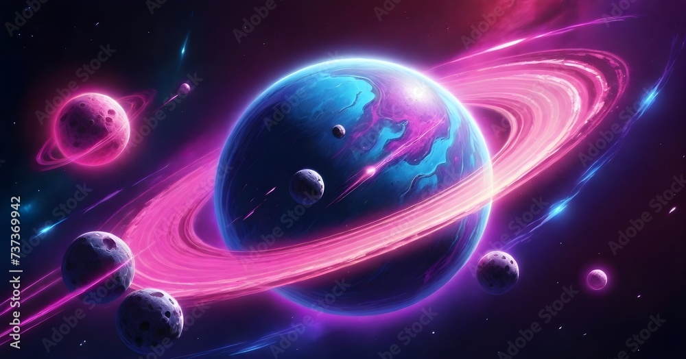 A vibrant space scene with a large planet featuring blue hues, surrounded by rings and smaller moons against a starry background with pink nebulas