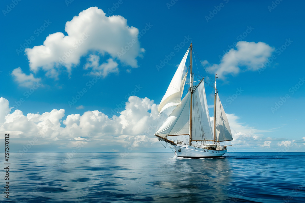 Yacht sailing across the blue ocean under a cloud-filled sky