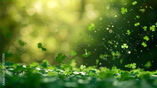 Green clovers close up for st patrick's day celebration on blurred green bright background 