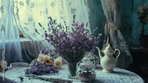 a vase filled with purple flowers sitting on top of a table next to a vase with lavender flowers in it.