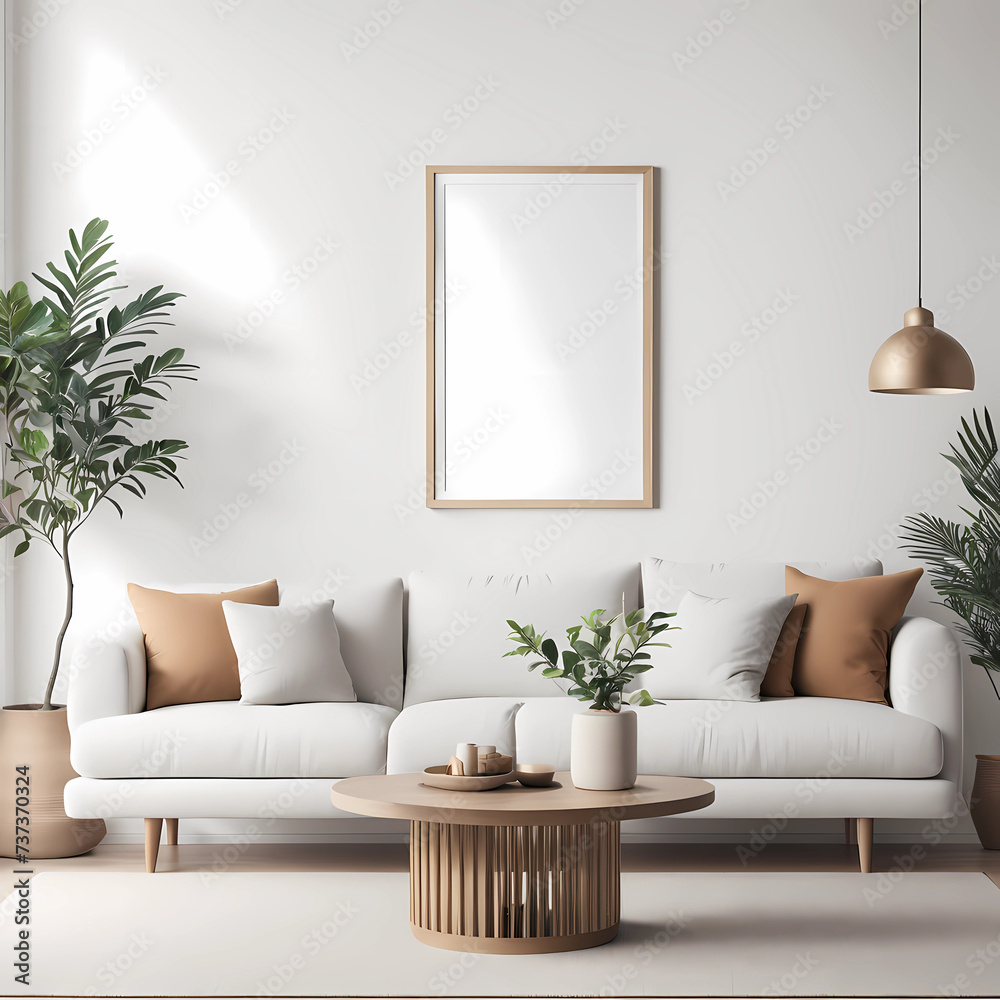 Naklejka premium Frame mockup, ISO A paper size. Living room poster mockup. Interior mockup with house white background. Modern interior design. 3D render