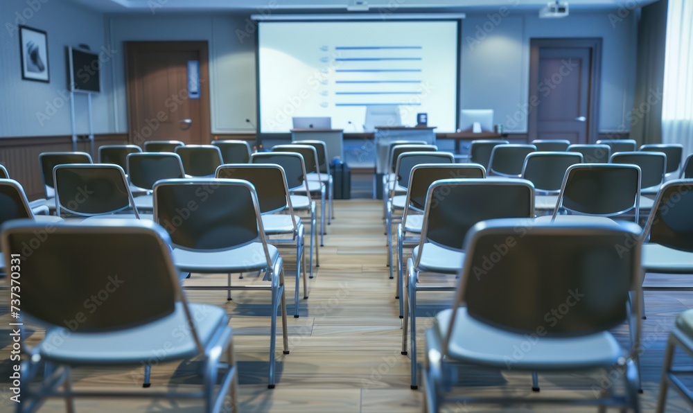 An empty conference room with rows of chairs facing a projector screen displaying a presentation