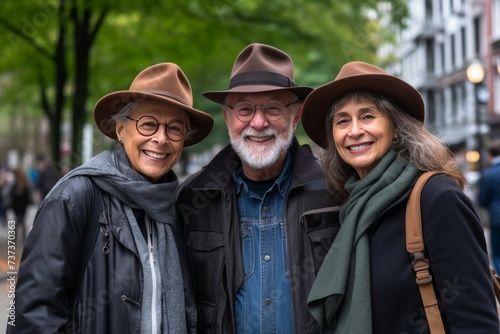 Three happy elderly people in hats with brims are photographed outdoors