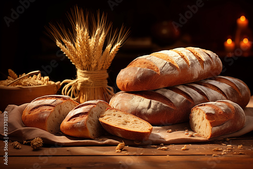 Fresh homemade bread, baguettes, bakery background. Baking