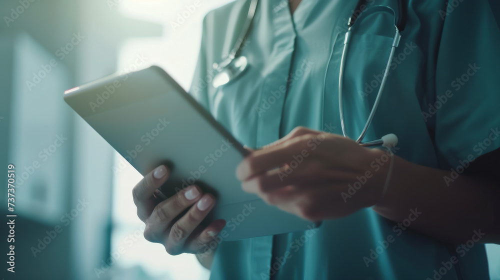 healthcare professional in teal scrubs is holding a digital tablet, with a stethoscope around their neck.