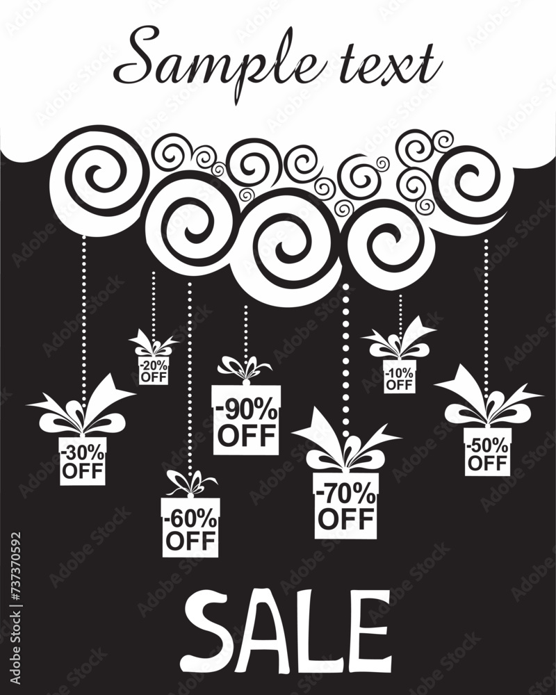 Fototapeta premium Sale poster with percent discount and gift boxes. Black Friday. Sale card. Sale banner. Dark Shopping bag. Vector illustration