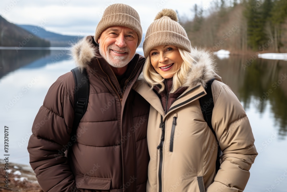 A pleasant gray-haired couple in jackets. and hats are photographed outdoors A pleasant gray-haired couple in jackets. and hats are photographed outdoors