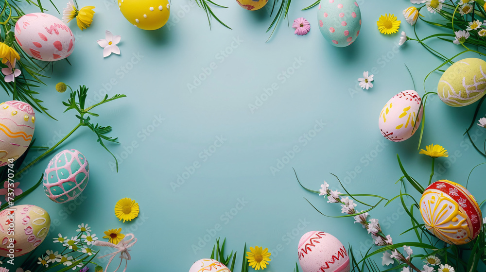  easter eggs on blue background with copy space area