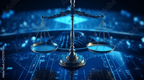 Unbiased artificial intelligence, Scales of Justice in Digital World Concept. Digital illustration Scales on futuristic blue data network background. Fairness and equality in ethical AI systems.