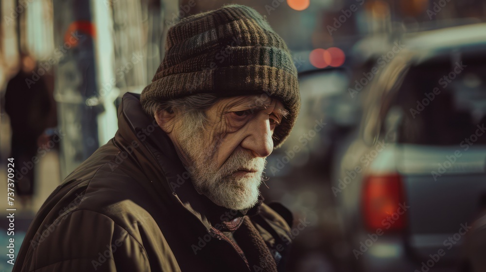 A person is seen from the back wearing a knit hat and warm jacket on a busy city street, with a blurred face A person is seen from the back wearing a knit hat and warm jacket on a busy city street, with a blurred face