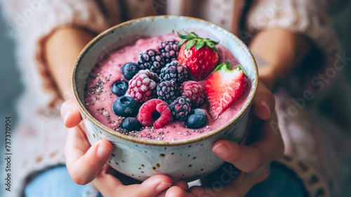 Female hands holding a pink raspberry smoothie bowl with blueberries, strawberries and blackberries. Side view, close up. Vegan super food concept. Healthy dairy breakfast for dieting and detox photo