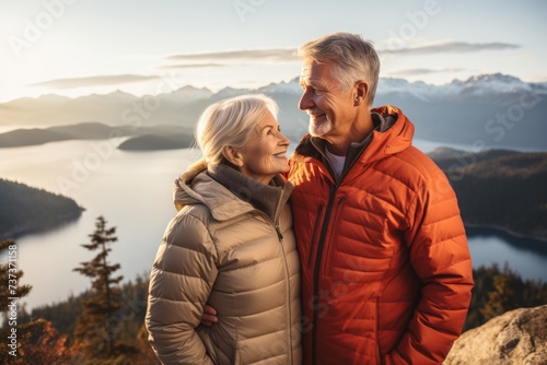 An elderly couple in love in warm jackets enjoy the view of the lake from the top of the mountain