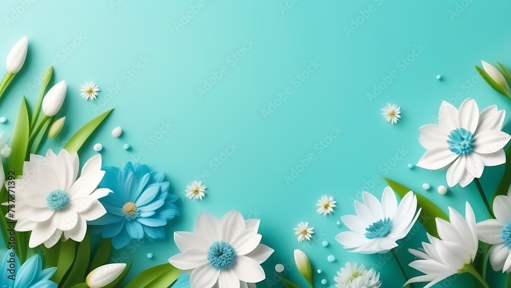 White and blue flowers on light blue background, copy space in center, mother's day card, spring holiday
