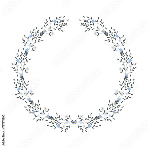 Spring frame of small flowers and scattered small leaves. Easter frame, spring illustration, vector