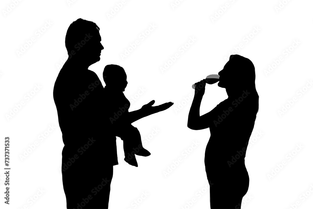 Silhouette of a drink woman and man with a child, isolated on a white background. Unhappy couple husband and wife having drinking problems in the evening light of the home living room