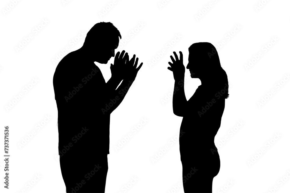Silhouette of quarreling man and woman, isolated on a white background. Married couple husband and wife, violence in evening light of home living room