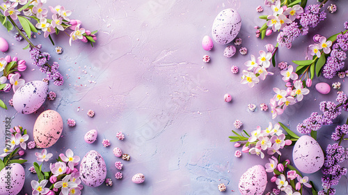 easter eggs and flowers on purple   background with copy space area