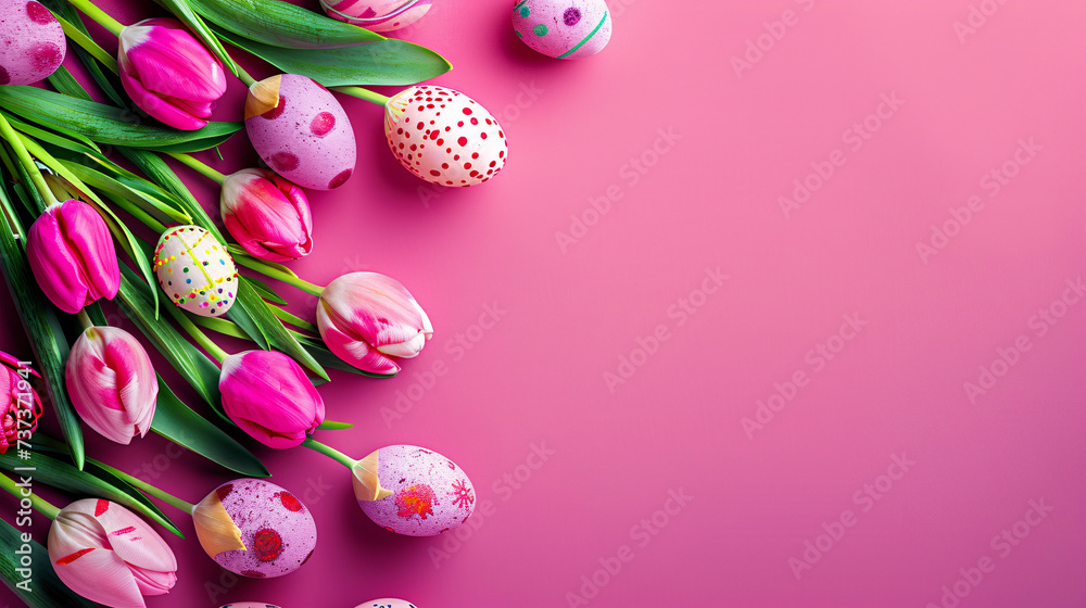 easter eggs and flowers on pink background with copy space area