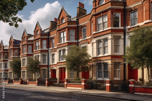 A photo depicting a row of red brick townhouses located on a bustling city street.
