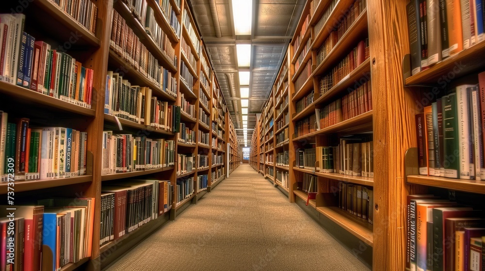 library aisle flanked by shelves filled with various books. Education learning concept. library aisle flanked by shelves filled with various books. Education learning concept.