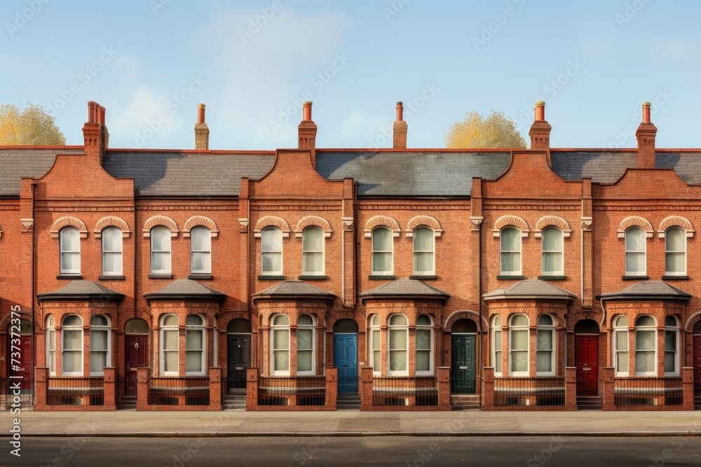 A row of red brick townhouses lined up on a city street.
