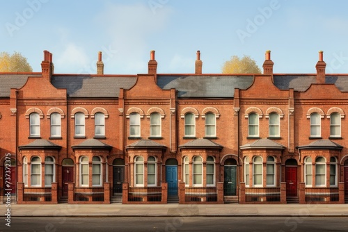 A row of red brick townhouses lined up on a city street.