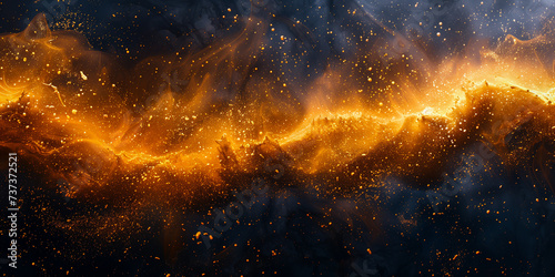 Gold glitter powder splash on black background. Gold wave on navy background. Fire dark galaxy fantasy illustration for copy space text, web, mobile by Vita photo
