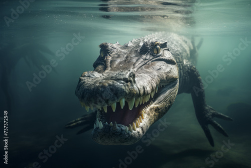 AI Generated Image of alligator emerges from murky waters, its eyes and snout above the surface, exuding a sense of primal power and stealth photo