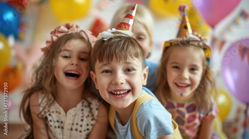 Joyful Children Celebrating with Balloons at a Colorful Birthday Party