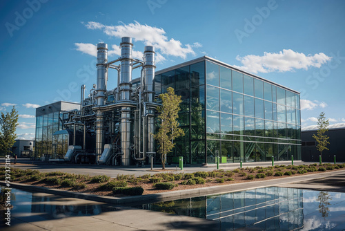 Modern industrial glass building with towering chimneys Generative AI image photo