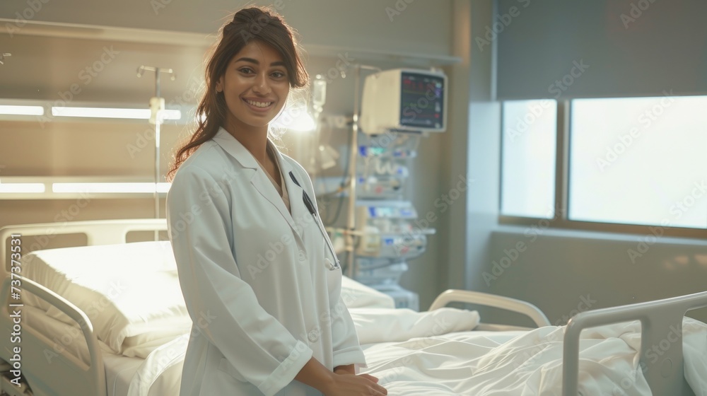 Fototapeta premium A cheerful female healthcare worker with long hair stands confidently in a bright hospital room, wearing a white coat over her attire, with a badge displayed on her coat. She is positioned beside an e