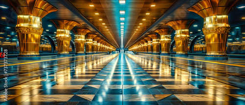 Modern transit, the sleek interior of a subway station, embodying the speed and flow of city life
