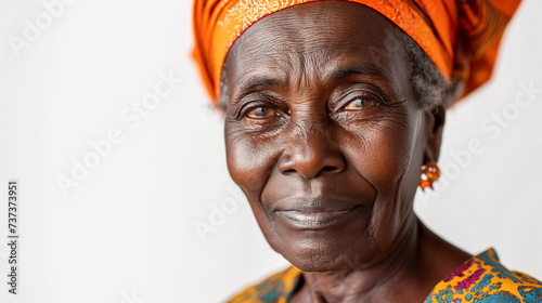 Retrato de una mujer mayor, sonriente, feliz, sobre fondo rosa claro