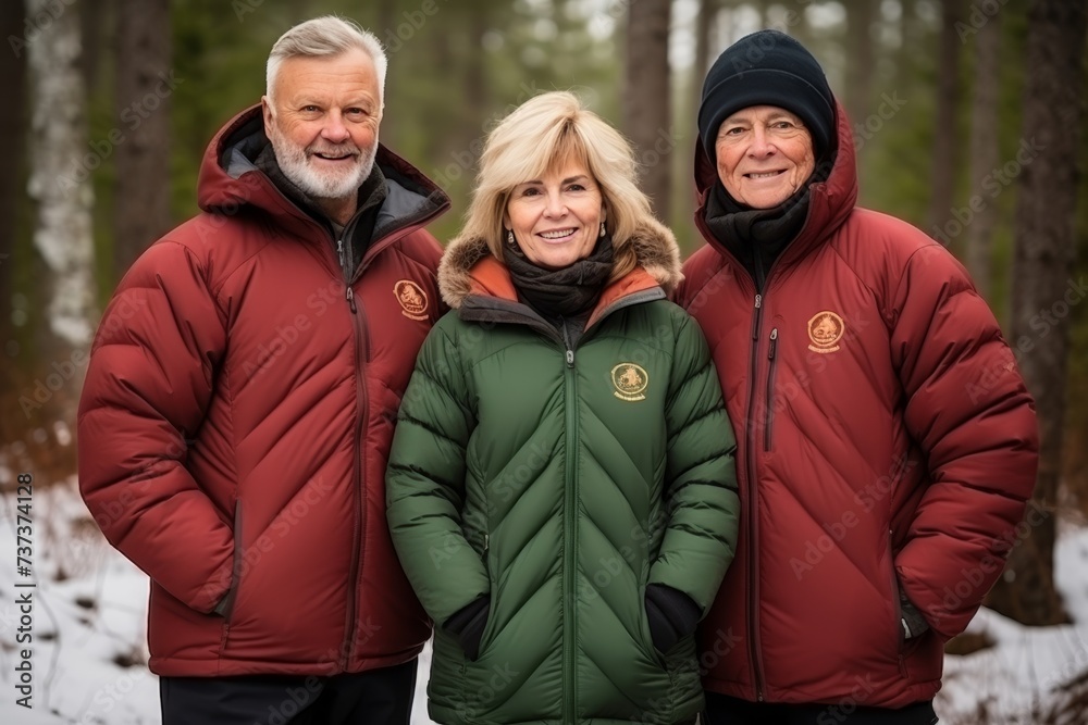 Three happy elderly people in warm jackets and without hats are looking at the camera Three happy elderly people in warm jackets and without hats are looking at the camera