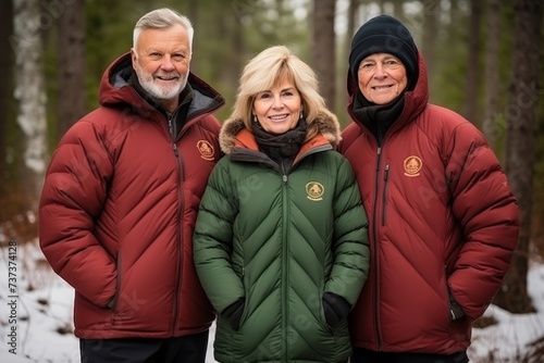 Three happy elderly people in warm jackets and without hats are looking at the camera