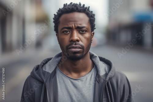 Black man sad serious face portrait on street © blvdone