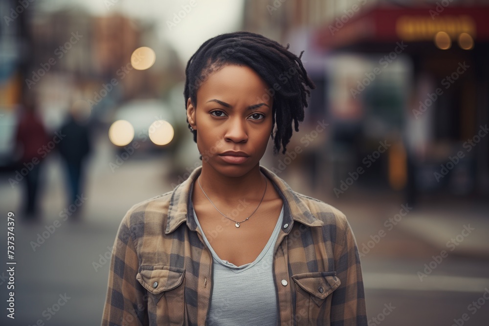 Black woman sad serious face portrait on street - obrazy, fototapety, plakaty 