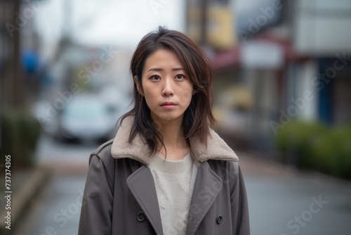 Asian woman sad serious face portrait on street