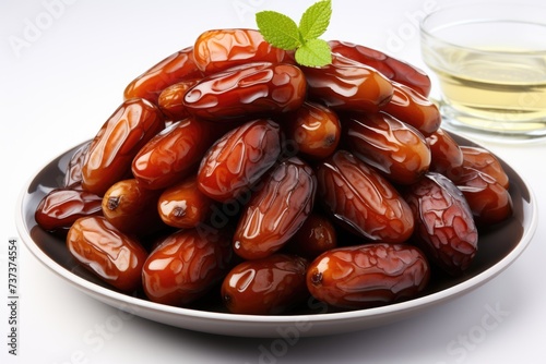 A photo of dates in plate with leaves isolated on white background Generative AI