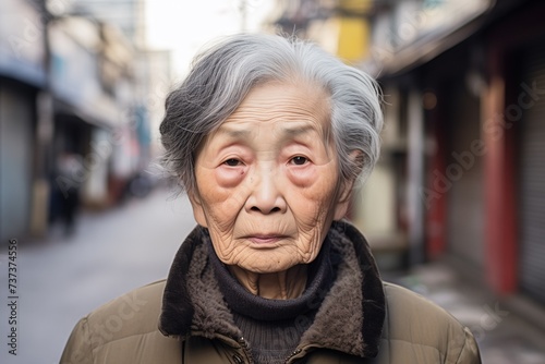 Elderly Asian woman sad serious face on street