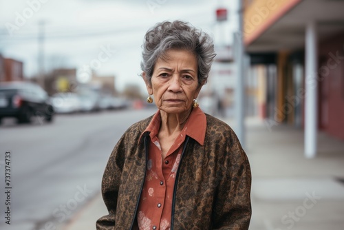 Elderly Hispanic woman sad serious face on street