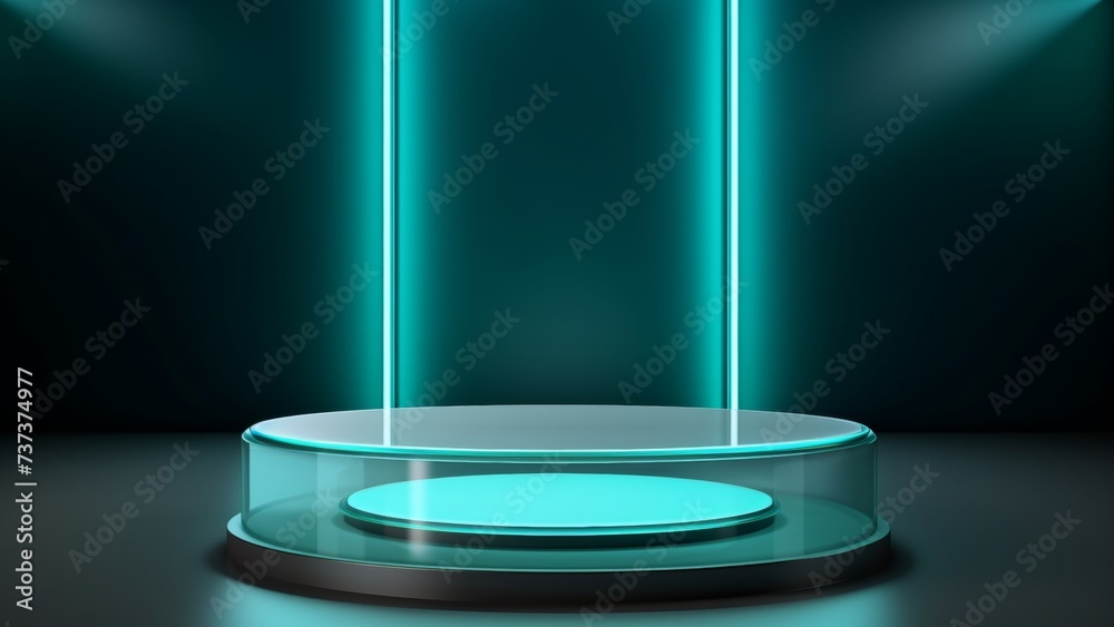 Transparent acrylic podium with teal background, Premium showcase mockup template for Beauty, Cosmetic, Luxury products, with copy space for text Transparent acrylic podium with teal background, Premium showcase mockup template for Beauty, Cosmetic, Luxury products, with copy space for text