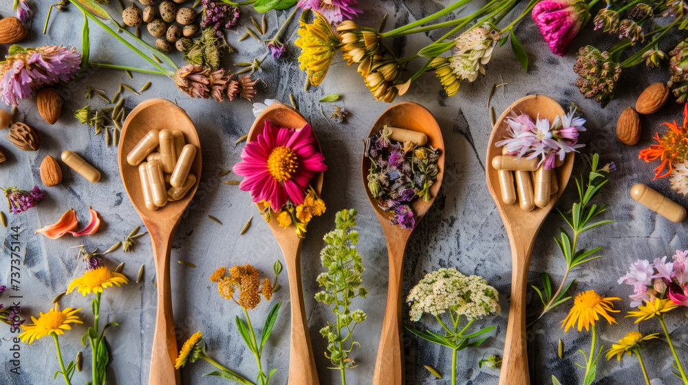 Embrace nature's healing power with a diverse selection of herbal supplements and botanical blooms, artfully presented on wooden spoons. - obrazy, fototapety, plakaty 