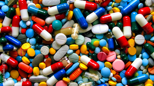 A cascade of colorful capsules ,tablets and pills showcase a spectrum of health and wellness, vibrant against a stark backdrop, highlighting the variety and potential of modern medicine.