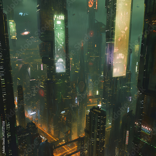 Futuristic cityscape  Towers of light pierce the night sky in a cyberpunk metropolis with floating holographic billboards.