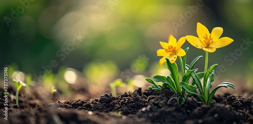 Yellow tulip flowers in soil against a backdrop of green plants. The concept of growth and spring. #737375146