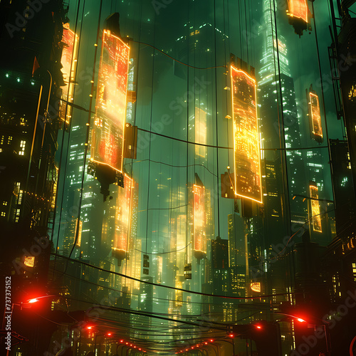 Futuristic cityscape  Towers of light pierce the night sky in a cyberpunk metropolis with floating holographic billboards.