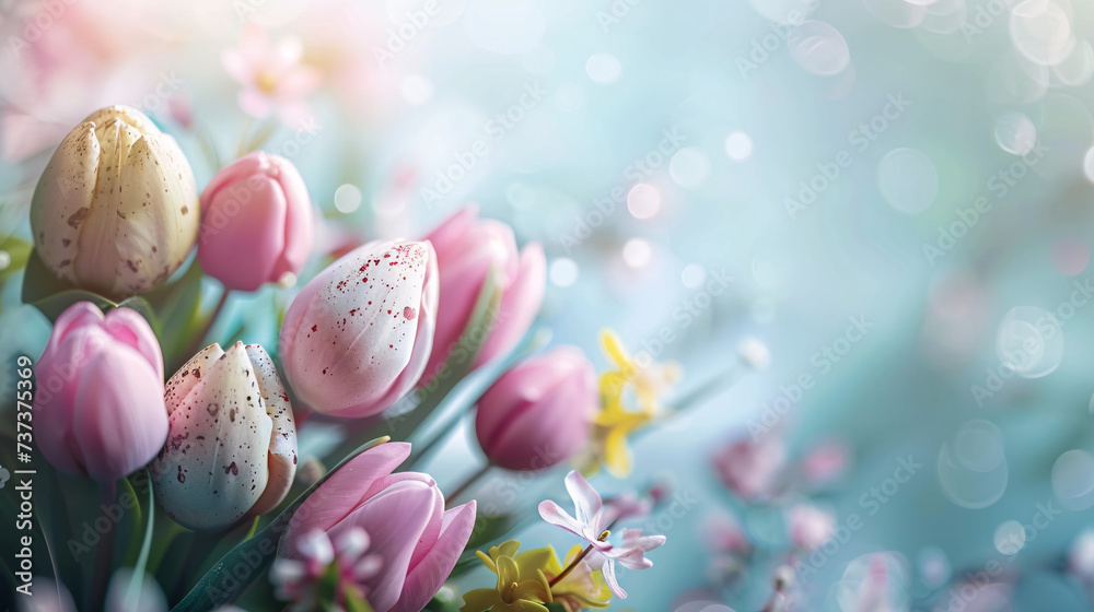 easter eggs and flowers on blue background with copy space area